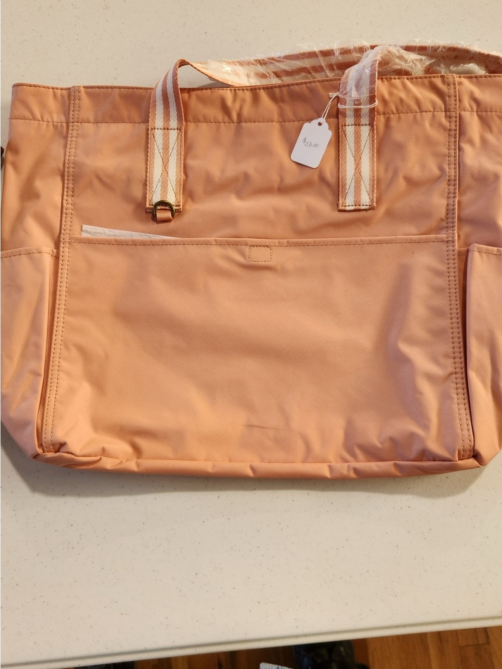 Women’s Brand New Peach Tote Bag with Striped Handles